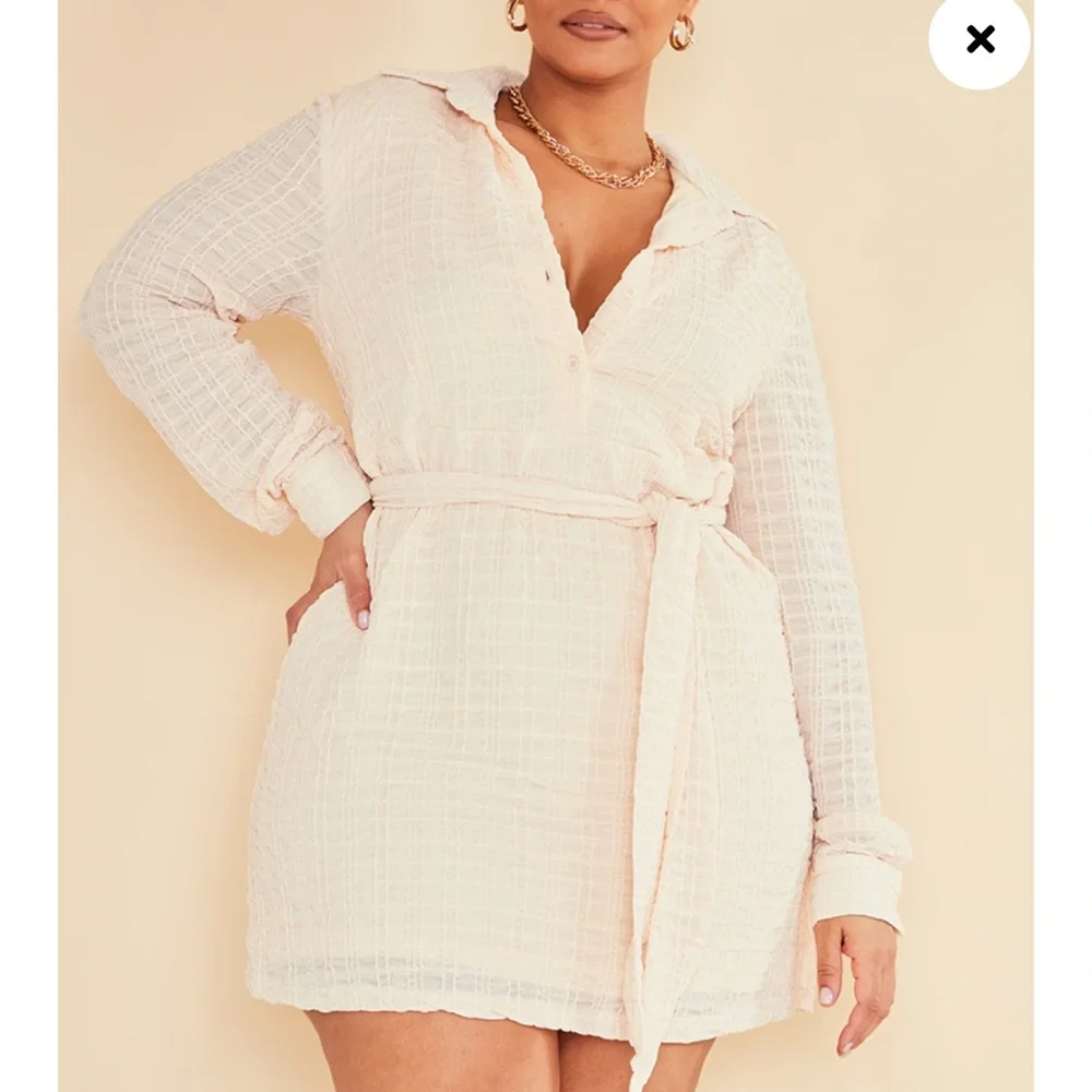 PLT Plus Cream Textured Tie Waist Shirt Dress - Picture 1 of 8